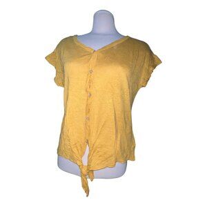 Rachel Zoe Linen Button-Front Tie Front Top  Sz Medium Womens Yellow Lightweight